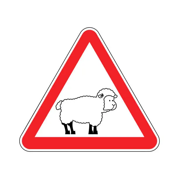 Vector illustration of Attention of sheep. Caution farm is an animal. Red prohibitory road sign. Ban ewe