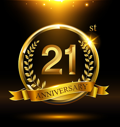 Template golden icon anniversary with ring and laurel branches on dark background
