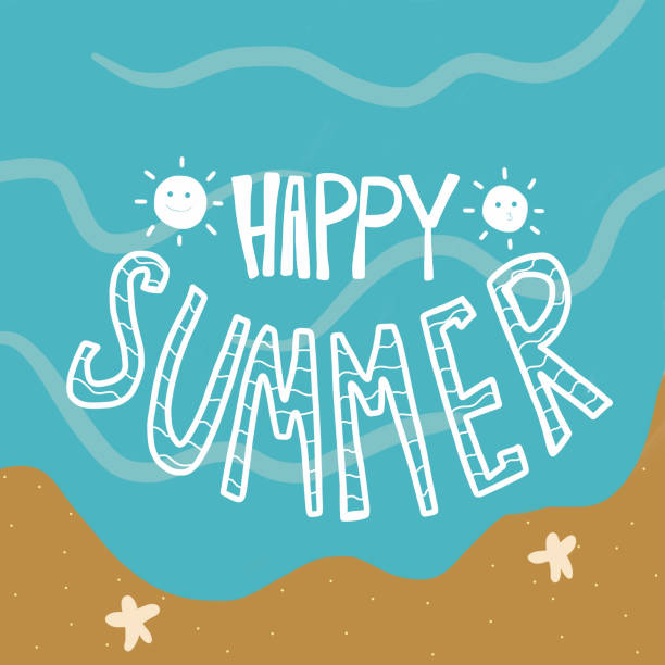 istock Happy summer word lettering on beach background watercolor painting illustration 816607956