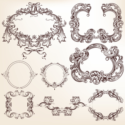 Collection or set of vector filigree drawn antique frames for design