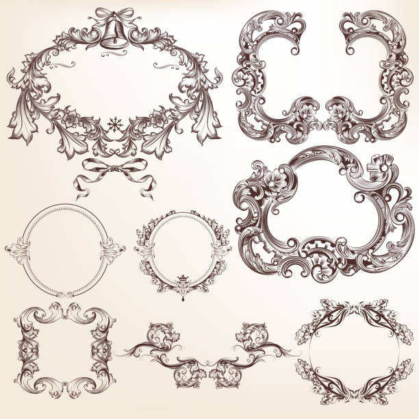 Set of vector calligraphic elements and page decorations Collection or set of vector filigree drawn antique frames for design vintage ornaments stock illustrations
