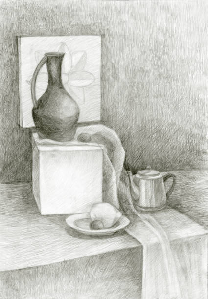 istock still-life painted in a pencil, an image with a clay pitcher, a plaster cube and a teapot 816656594