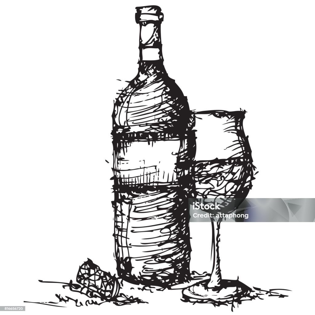 Sketch Drawing Of Wine Bottle And Glass Vector Stock Illustration ...