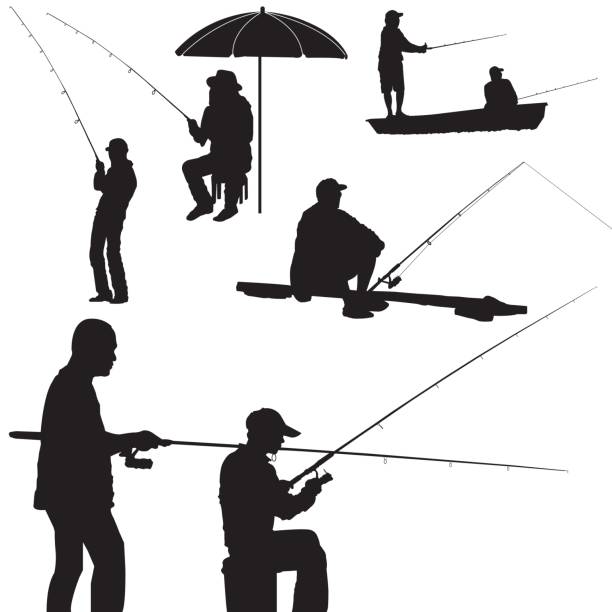 ilustraciones, imágenes clip art, dibujos animados e iconos de stock de vector de silueta de hombre de pesca - golfer animal activity recreational pursuit