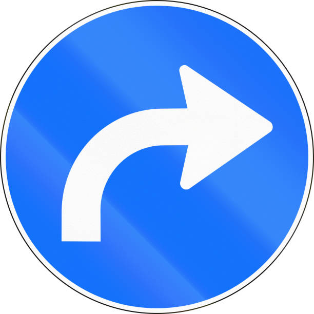 istock Road sign used in Switzerland - Turn right ahead 816709052