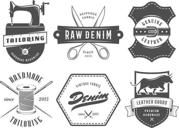 Vintage tailoring denim labels. Vintage tailoring denim labels. Set of logos for tailoring, leather and denim shops. Vector retro style badges. machine sewing white sewing item stock illustrations