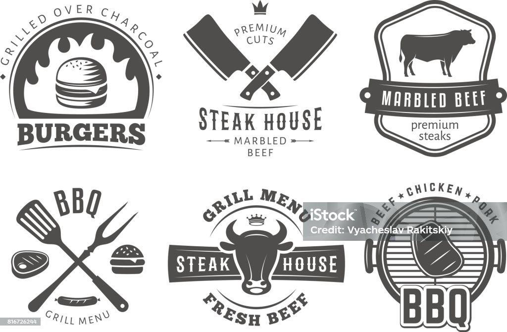 BBQ, burger, grill badges. BBQ, burger, grill badges. Set of vector barbecue logos. Vintage emblems for steak house or grill bar. Logo stock vector