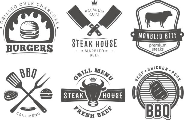 BBQ, burger, grill badges. BBQ, burger, grill badges. Set of vector barbecue logos. Vintage emblems for steak house or grill bar. bbq logos stock illustrations