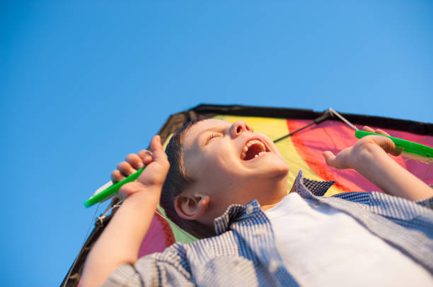 istock Laughing small boy holding a kite over his head against a blue sky 816726572