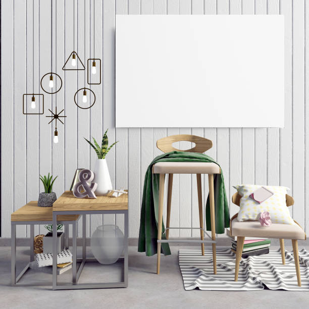 istock 3d illustration, modern interior with coffee table, poster and chair. poster mock up 816740772