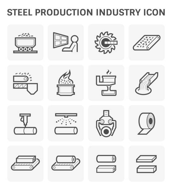 steel production icon Steel and metal production industry or metallurgy vector icon set design. steel mill stock illustrations