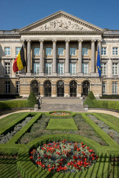 Main entrance to the Belgian Parliament in Brussels. stock photo