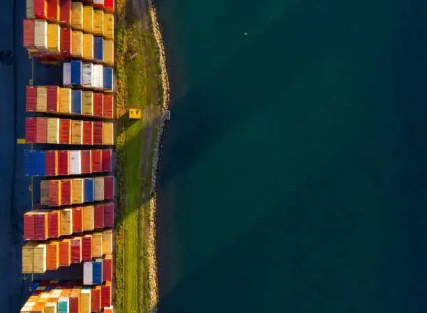 Aerial shot of containers near the Maribyrnong River on Coode Island at the Port of Melbourne.