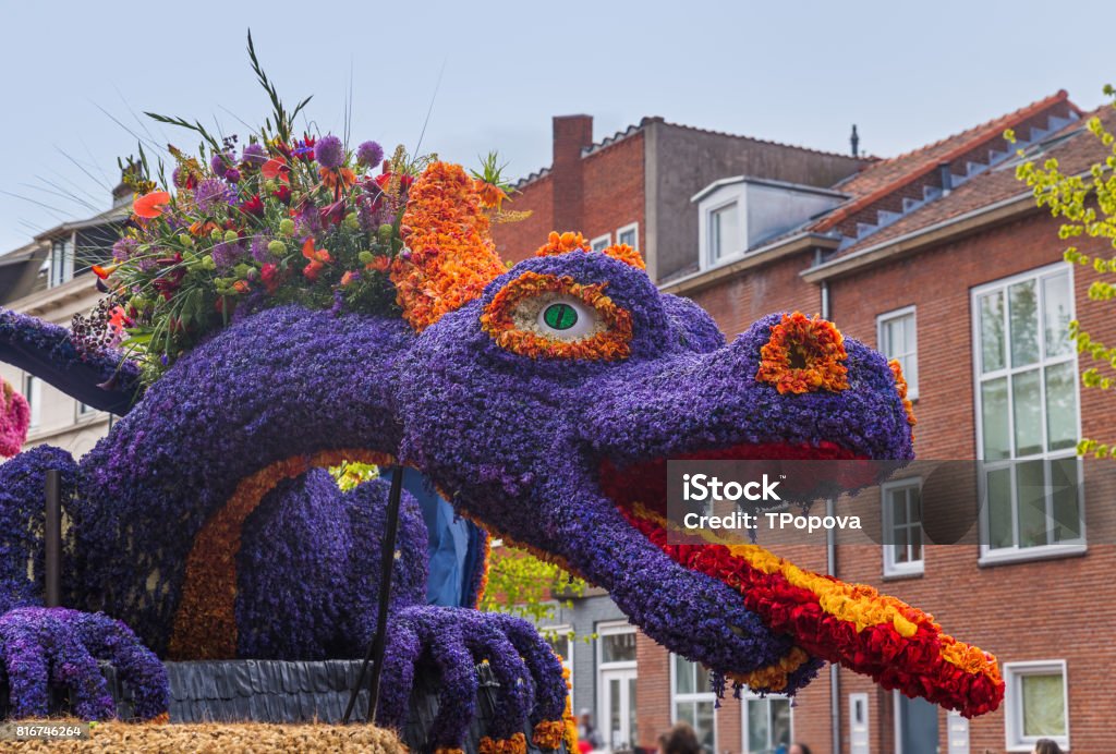 Statue made of tulips on flowers parade in Haarlem Netherlands Statue made of tulips on flowers parade in Haarlem Netherlands - holiday background Parade Stock Photo