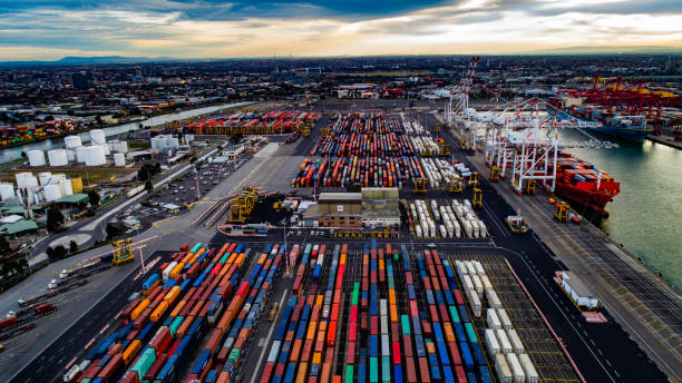 Coode Island Containers Aerial shot of colourful containers on Coode Island at the Port of Melbourne melbourne australia stock pictures, royalty-free photos & images