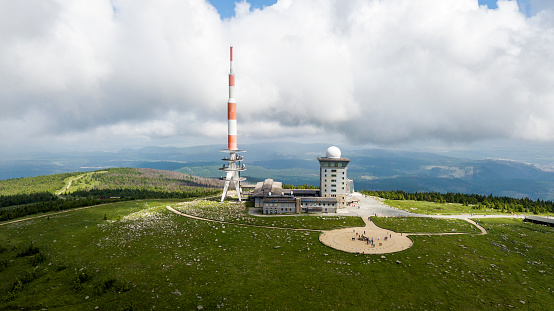 Aerial view of the Brocken mountain, the highest peak of the Harz mountain range and the highest peak of Northern Germany
