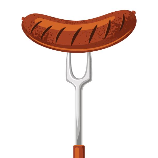 ilustrações de stock, clip art, desenhos animados e ícones de fried sausage on the fork. illustration for beer fest - roast beef illustrations