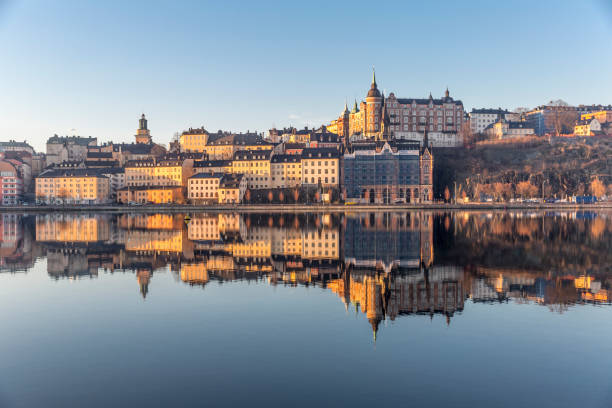Morning view of Sodermalm island in Stockholm Beautiful reflection of the houses on Sodermalm island in Stockholm sodermalm photos stock pictures, royalty-free photos & images