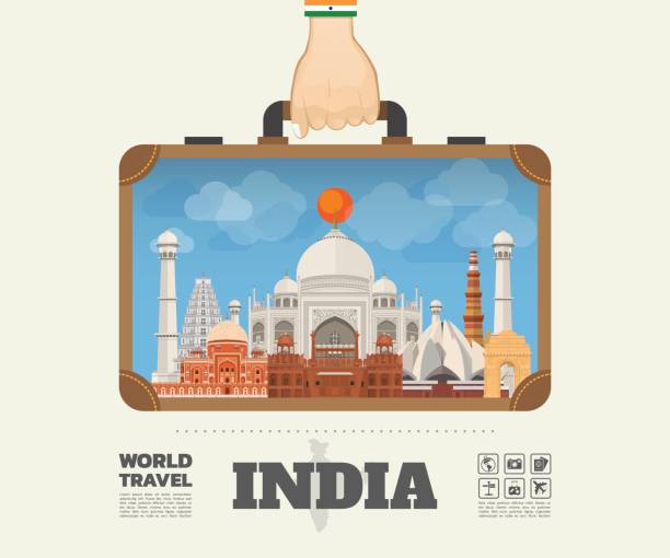 手はバッグを運ぶインド ランドマーク世界旅行と旅インフォ グラフィック。フラットなデザインの template.vector/illustration をベクターします。あなたのバナー、ビジネス、教育、web サイトま� - delhi点のイラスト素材／�クリップアート素材／マンガ素材／アイコン素材