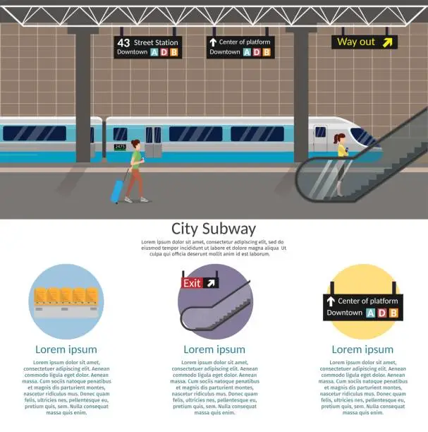 Vector illustration of Subway station platform set with train, underground and inside the railway, metro wagon.