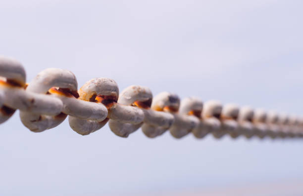 Old rusty metal chain on the Battleship,Blue sky background