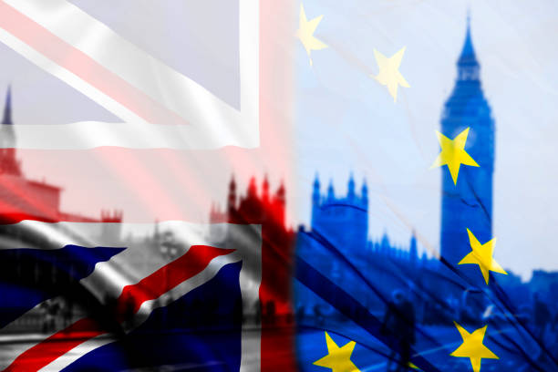 UK flag, EU flag and Big Ben stock photo