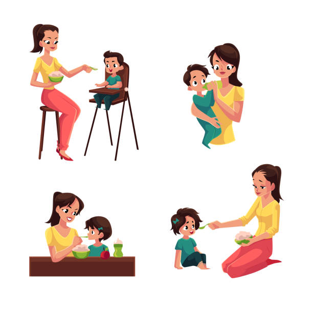 illustrations, cliparts, dessins animés et icônes de mère de nourrir son bébé, fils, fille, assis ou debout - baby eating child mother