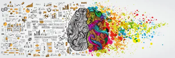 Vector illustration of Left and right human brain with social infographic on logical side. Creative half and logic half of human mind. Vector illustration aboud social communication and business work