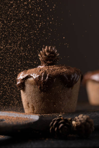 istock Chocolate muffins, decorated with a small cone on a dark wooden background. Cupcakes are poured with dark chocolate and cocoa powder. Cupcakes with unusual decoration. Low key 816797794