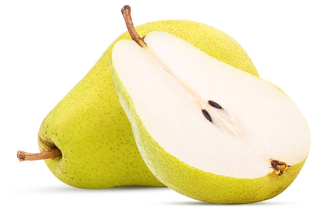 fresh pears, one and a half yellow fruit - pera imagens e fotografias de stock