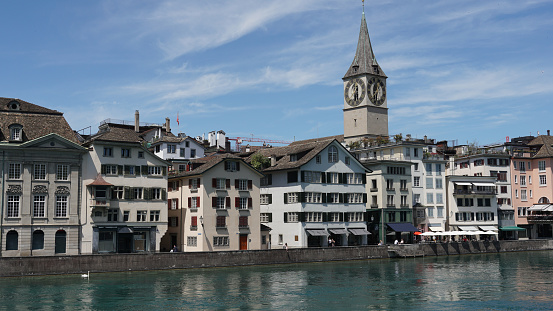 ZURICH, SWITZERLAND- JULY 04, 2017 : View of historic Zurich city center, Limmat river and Zurich lake, Switzerland. Zurich is a leading global city and among the world's largest financial center