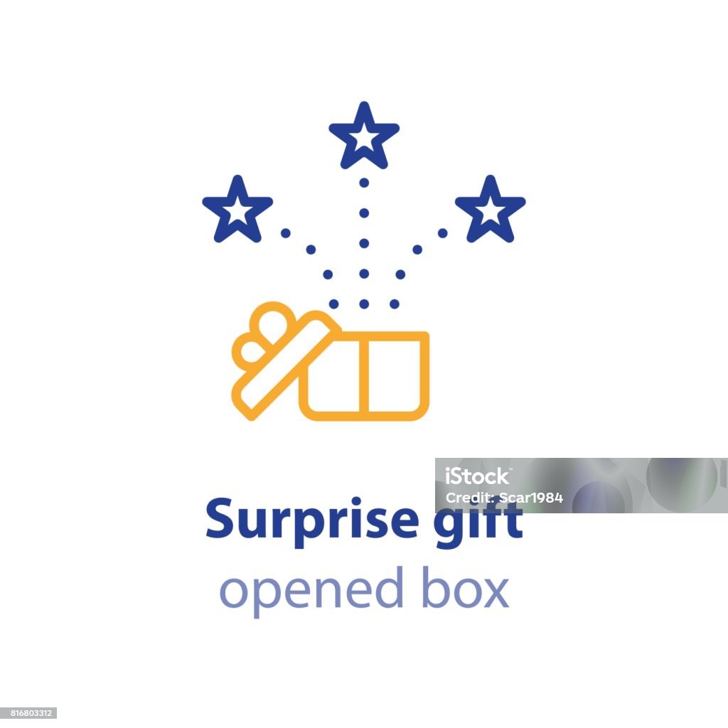 Fun experience, celebration event, receive gift box, open present Opened gift box and fireworks, surprising present, unusual experience, special celebration, vector line icon Surprise stock vector