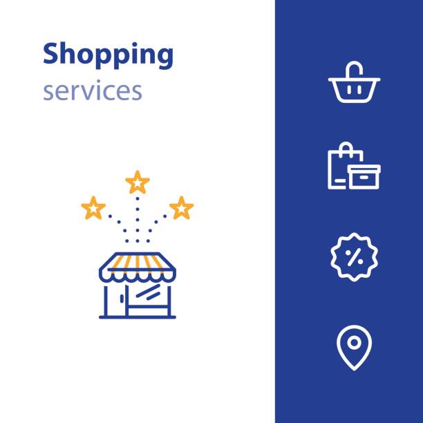 Store front icon, shopping basket, order bag, sale tag sign Shop services, store opening, basket and bags, promotion concept, location mark, vector line icon set opening door logo stock illustrations