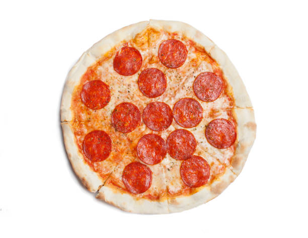 istock fresh italian classic original pepperoni pizza isolated on white background. Flat lay, top view 816807100