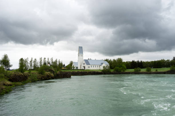 Selfosskirkja on the banks of the Olfusa river in Selfoss, Iceland