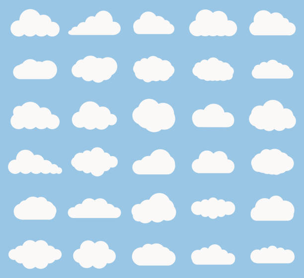 파란색 배경에 구름 아이콘 화이트 색상의 집합 - 구름 stock illustrations