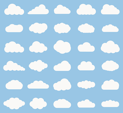 Set of Cloud  icon white color on blue background. Cloud sky vector illustration collection for web, art and app design. Different cloudscape weather symbols.