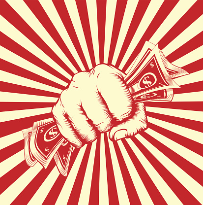 Fist holding money in a vintage revolution poster woodcut style