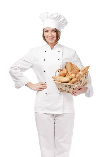 istock happy female chef isolated on white background 816838636