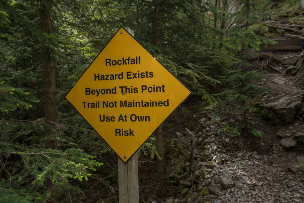 istock Rockfall hazard area warning sign on mountain trail in Canada 816841030