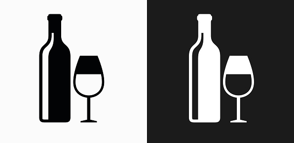 Wine and Glass Icon on Black and White Vector Backgrounds. This vector illustration includes two variations of the icon one in black on a light background on the left and another version in white on a dark background positioned on the right. The vector icon is simple yet elegant and can be used in a variety of ways including website or mobile application icon. This royalty free image is 100% vector based and all design elements can be scaled to any size.
