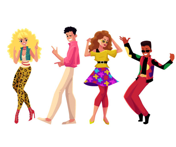 1980 년대 스타일 옷 복고풍 디스코에서 춤추는 사람들 파티 - vintage attire stock illustrations