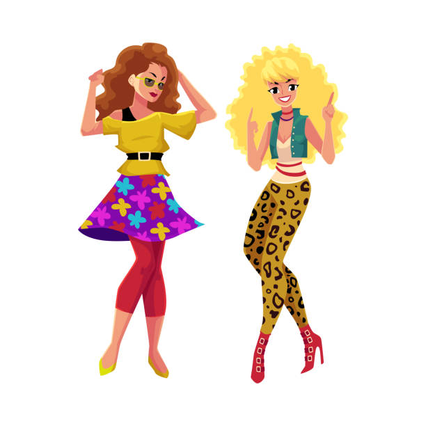 ilustraciones, imágenes clip art, dibujos animados e iconos de stock de dos chicas, mujeres, amigos bailando en el retro de los años 80 discoteca fiesta - couple blond hair social gathering women