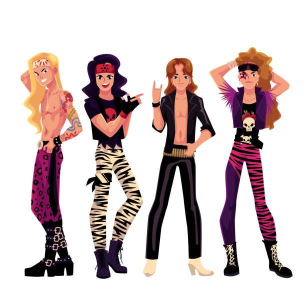 Young men, boys, guys dressed as glam rock stars Set of young men, boys, guys dressed as glam rock stars, cartoon vector illustration isolated on white background. Full length portrait of glam rock stars, leather, heavy boots, bare chest hair band stock illustrations