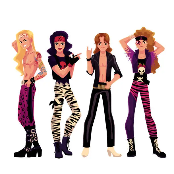 Vector illustration of Young men, boys, guys dressed as glam rock stars