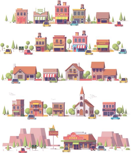 Vector low poly 2d small town scenes Vector low poly 2d small town scenes set city map illustrations stock illustrations