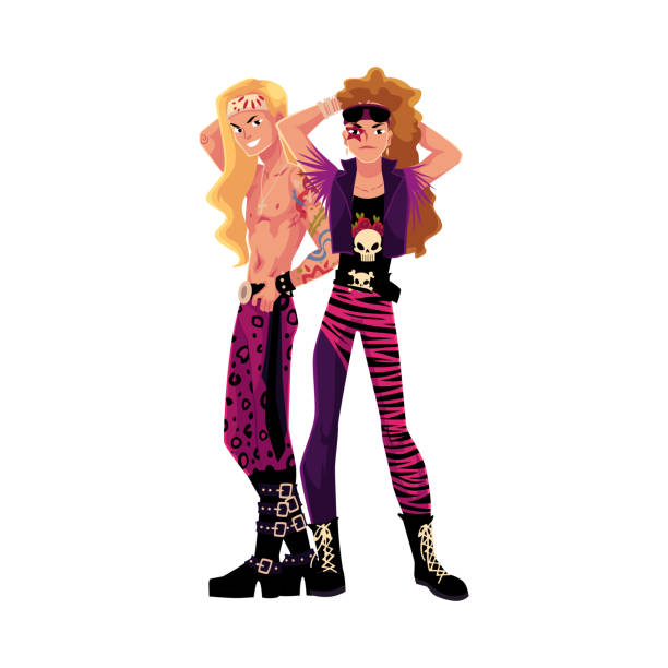 Two young people dressed as glam rock stars, leather, boots Couple of young men, guys dressed as glam rock stars, cartoon vector illustration isolated on white background. Full length portrait of two young people dressed as glam rock stars, leather, army boots hair band stock illustrations