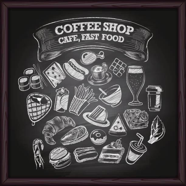 ilustrações de stock, clip art, desenhos animados e ícones de coffe cafe and fast food icons on chalkboard - waffle breakfast food sweet food