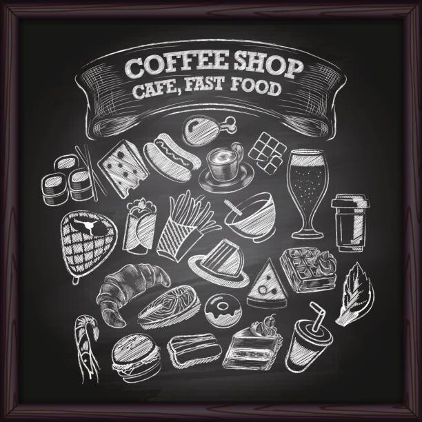 Coffe cafe and fast food icons on chalkboard Coffe shop, cafe restaurant, and fast food icons set on backboard cheese drawings stock illustrations