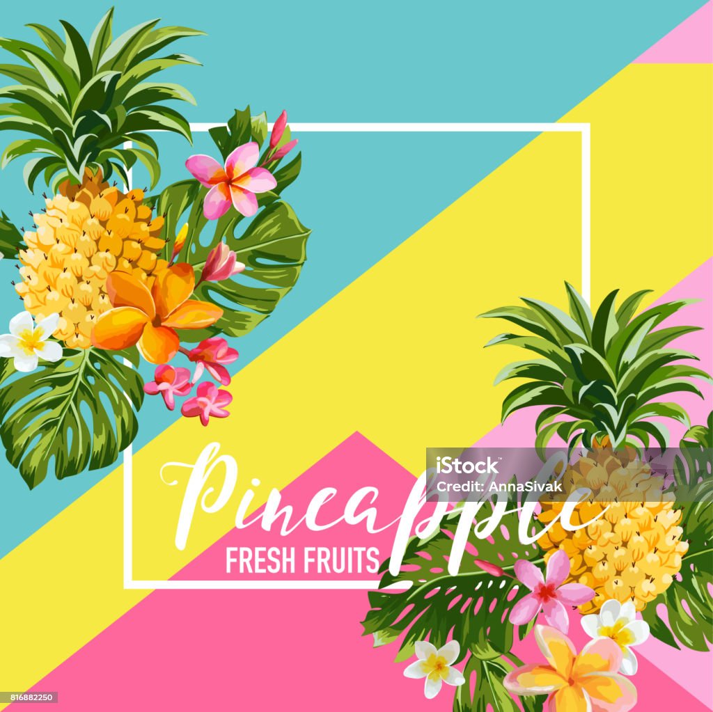 Tropical Pineapple Fruits and Flowers Summer Banner, Graphic Background, Exotic Floral Invitation, Flyer or Card. Modern Front Page in Vector Backgrounds stock vector